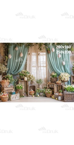 Tło fotograficzne „Miętowe zasłony z wiszącymi jajkami i koszami wielkanocnymi” | E648